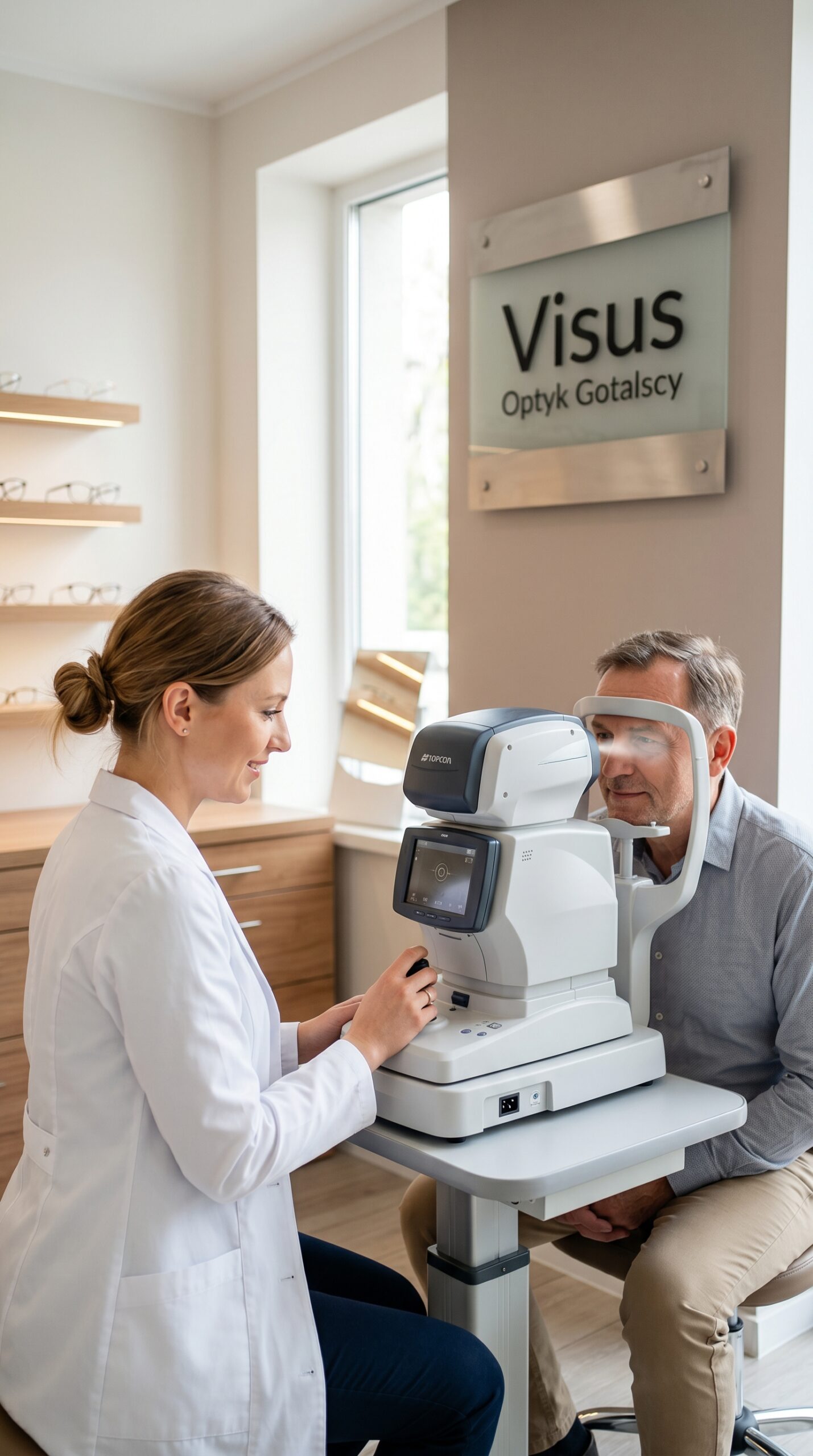 Uśmiechnięta specjalistka w białym fartuchu wykonuje bezdotykowy pomiar ciśnienia w oku pacjenta nowoczesnym tonometrem Topcon – profilaktyczne badanie wzroku Gdańsk.