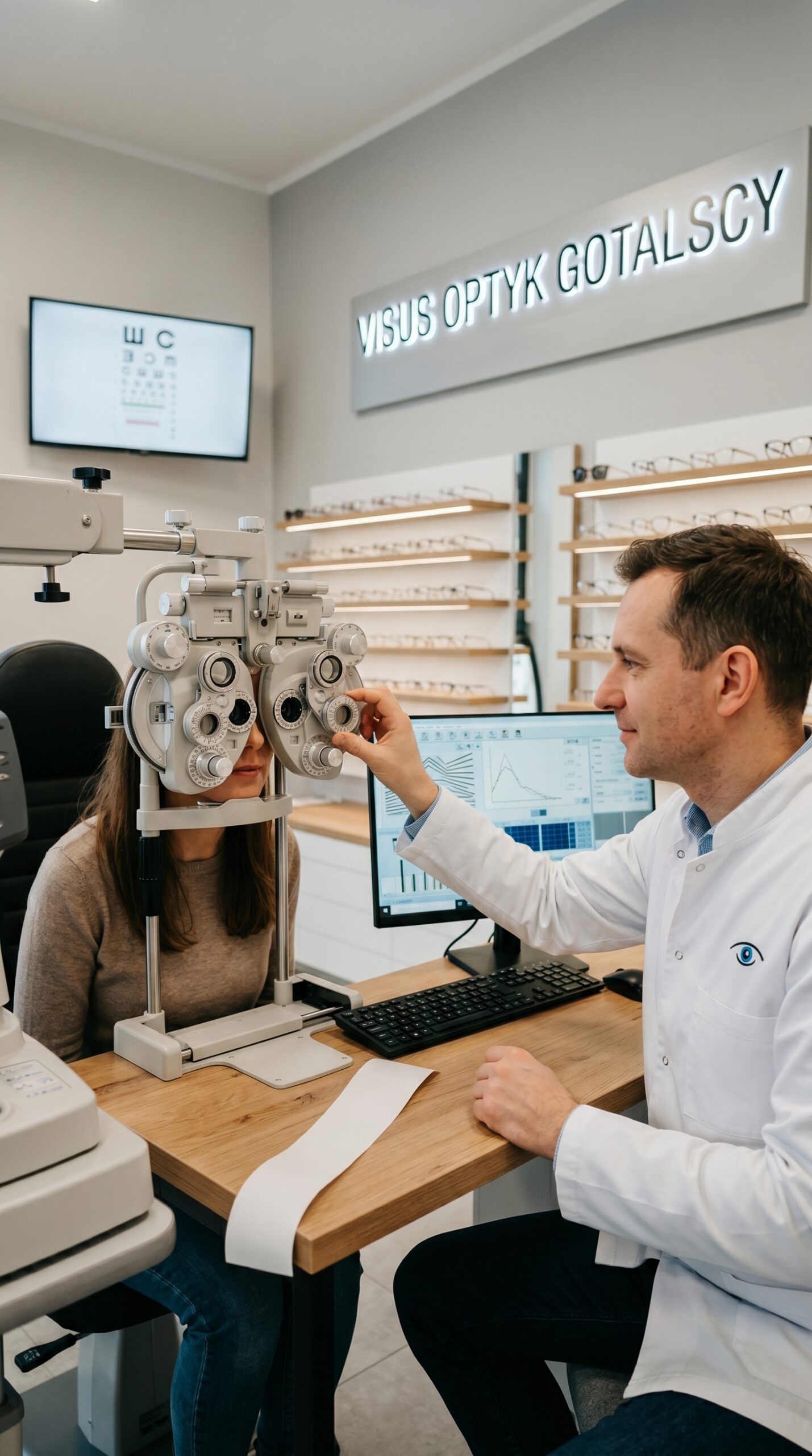 Specjalista w białym fartuchu dopasowuje soczewki w foropterze podczas subiektywnego testu ostrości widzenia pacjentki – profesjonalne badanie wzroku Gdańsk.
