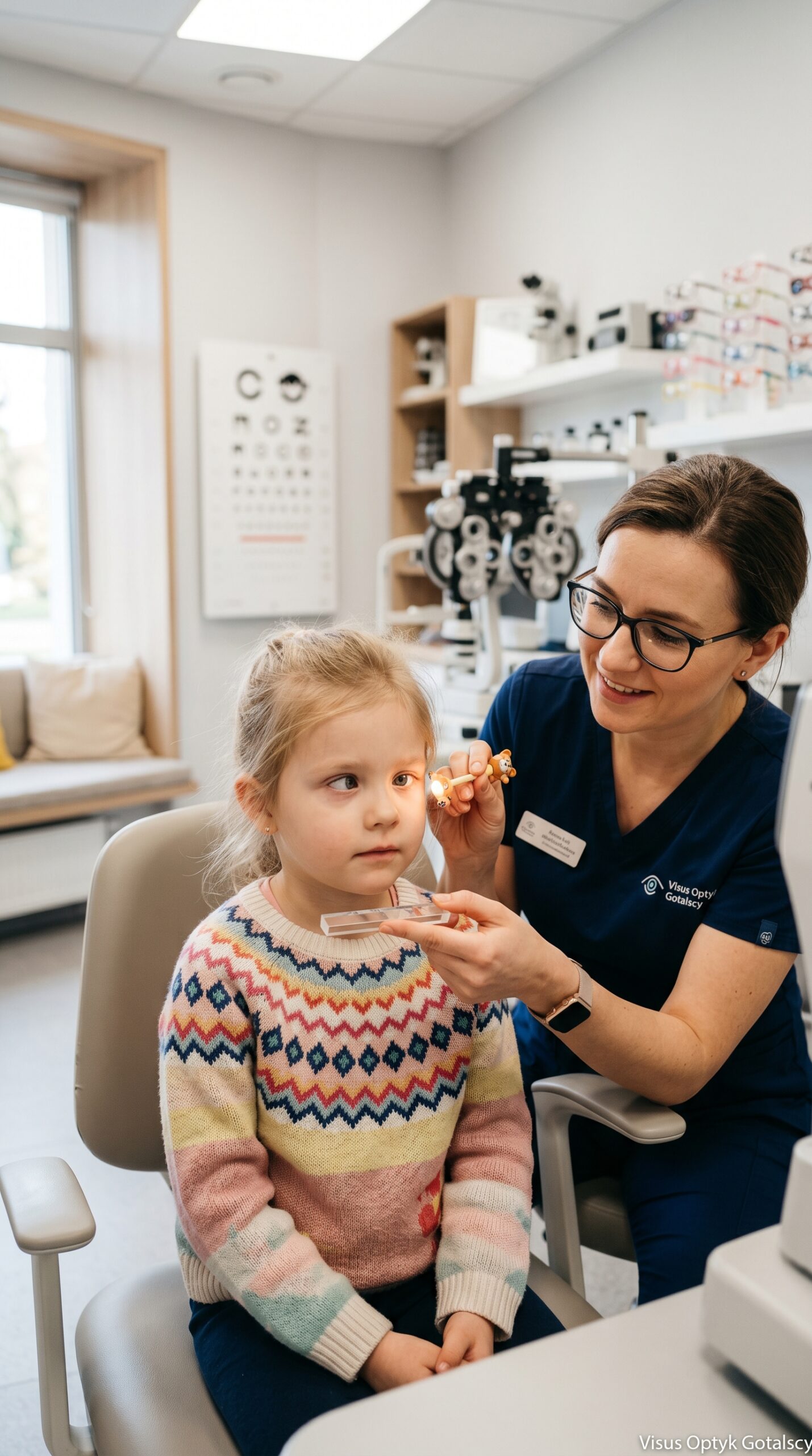 Uśmiechnięta okulistka bada wzrok dziewczynki za pomocą latarki z zabawką i listwy pryzmatycznej – przyjazna diagnostyka i leczenie zeza u dzieci Gdańsk.