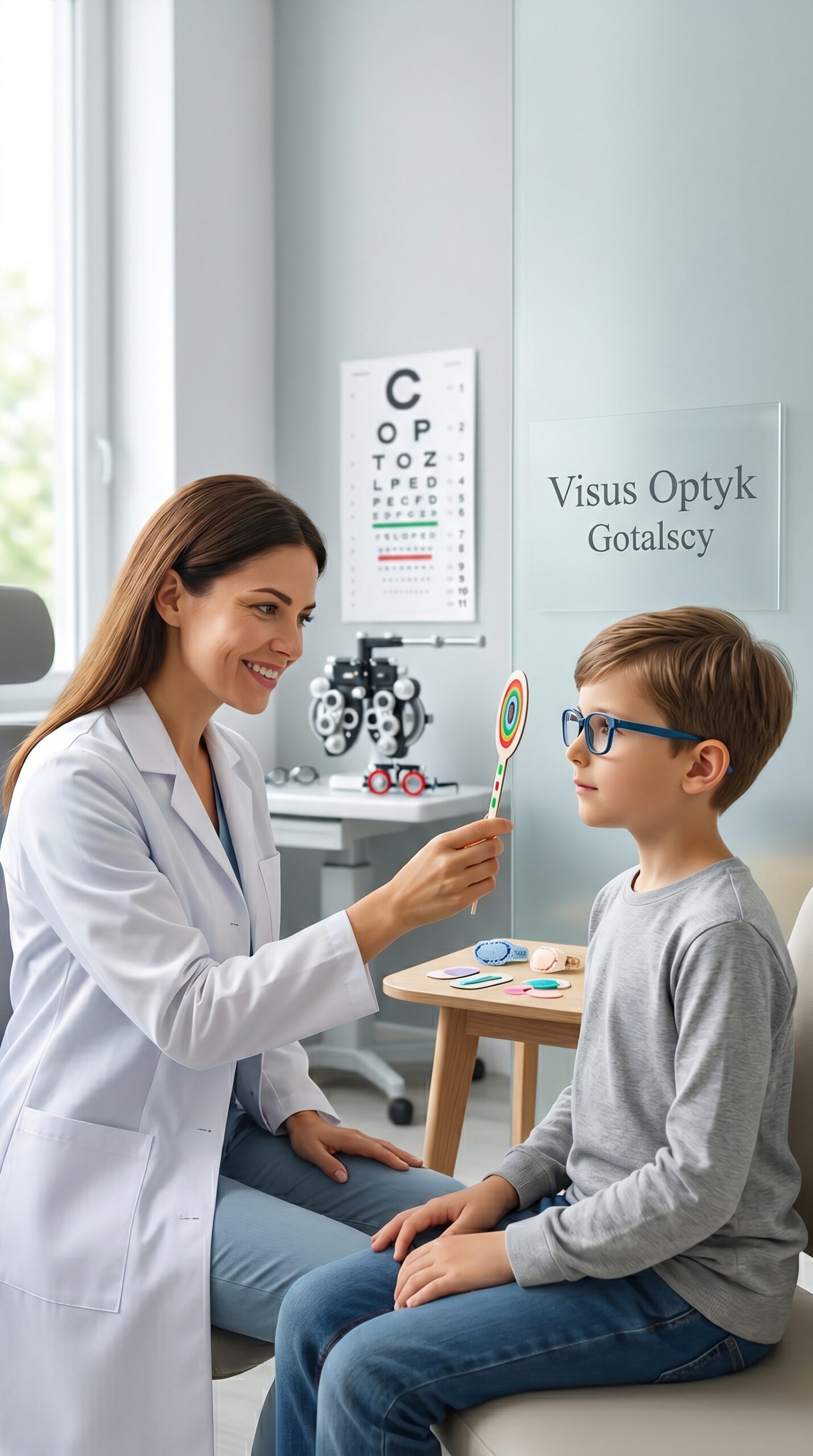 Uśmiechnięta okulistka bada wzrok chłopca w okularach używając kolorowego wskaźnika – bezstresowe leczenie zeza u dzieci Gdańsk w Visus Optyk Gotalscy
