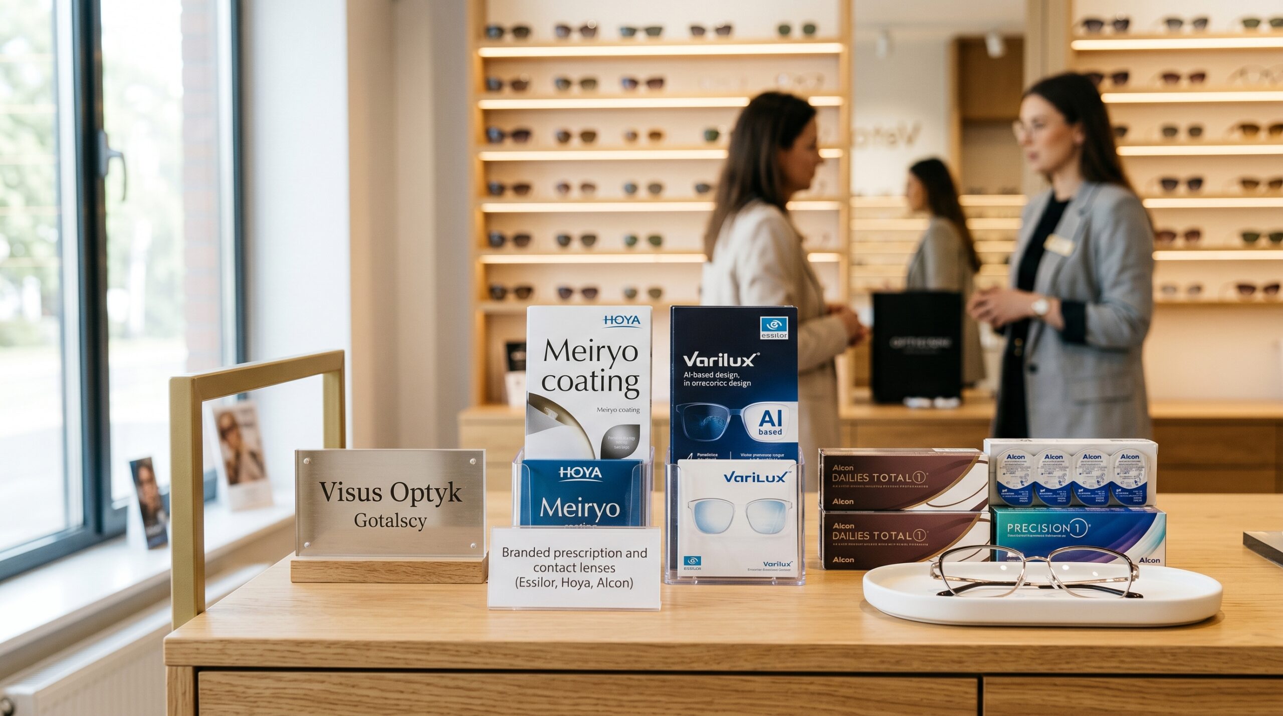 Prezentacja markowych szkieł okularowych Hoya i Varilux oraz soczewek Alcon na ladzie. Ekskluzywny salon optyczny Gdańsk.