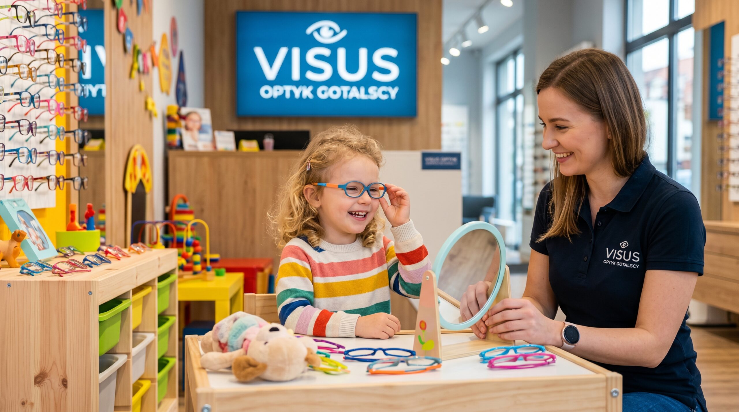 Salon optyczny Gdańsk - dziewczynka przymierzająca niebieskie okularki przy stoliczku z lusterkiem. Przyjazny salon optyczny Gdańsk z bogatą ofertą dla dzieci.