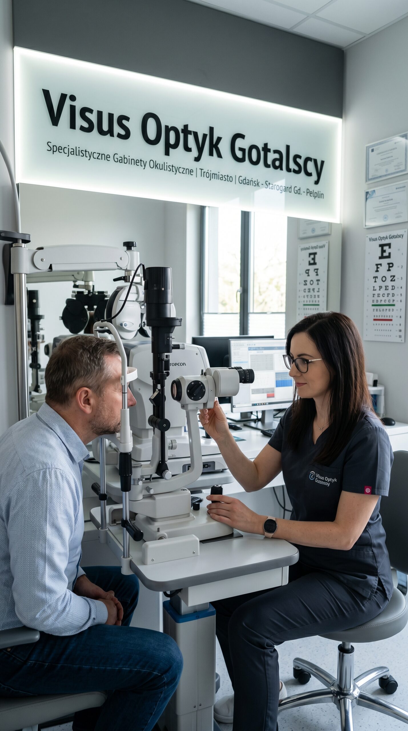 Badanie okulistyczne u specjalisty w gabinecie Visus Optyk – profesjonalny lekarz medycyny pracy Gdańsk wykonuje diagnostykę wzroku pacjenta.