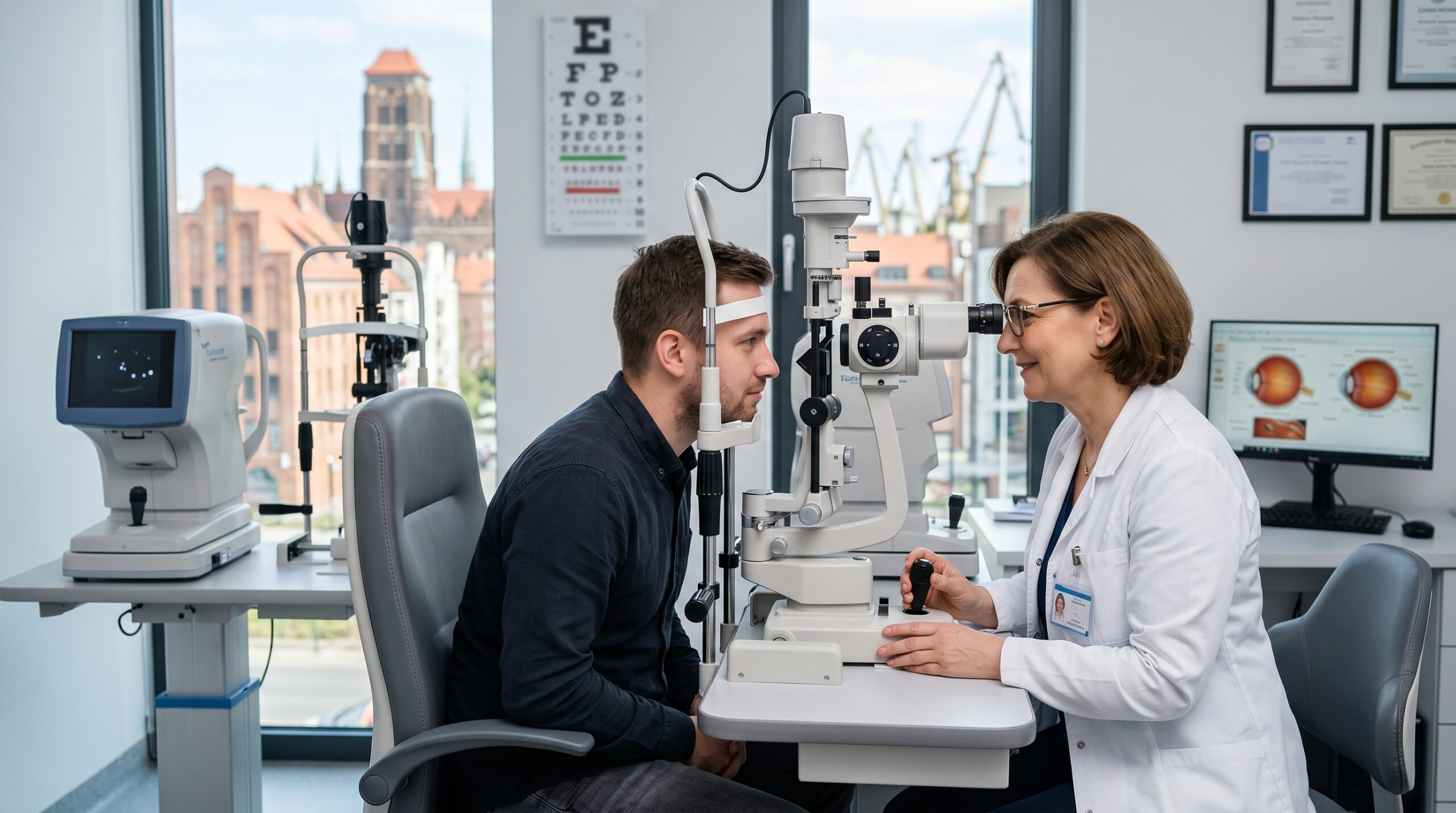 Mężczyzna przechodzący profilaktyczne badanie wzroku u lekarza okulisty w gabinecie z widokiem na Gdańsk. Profesjonalna poradnia okulistyczna Gdańsk medycyna pracy.