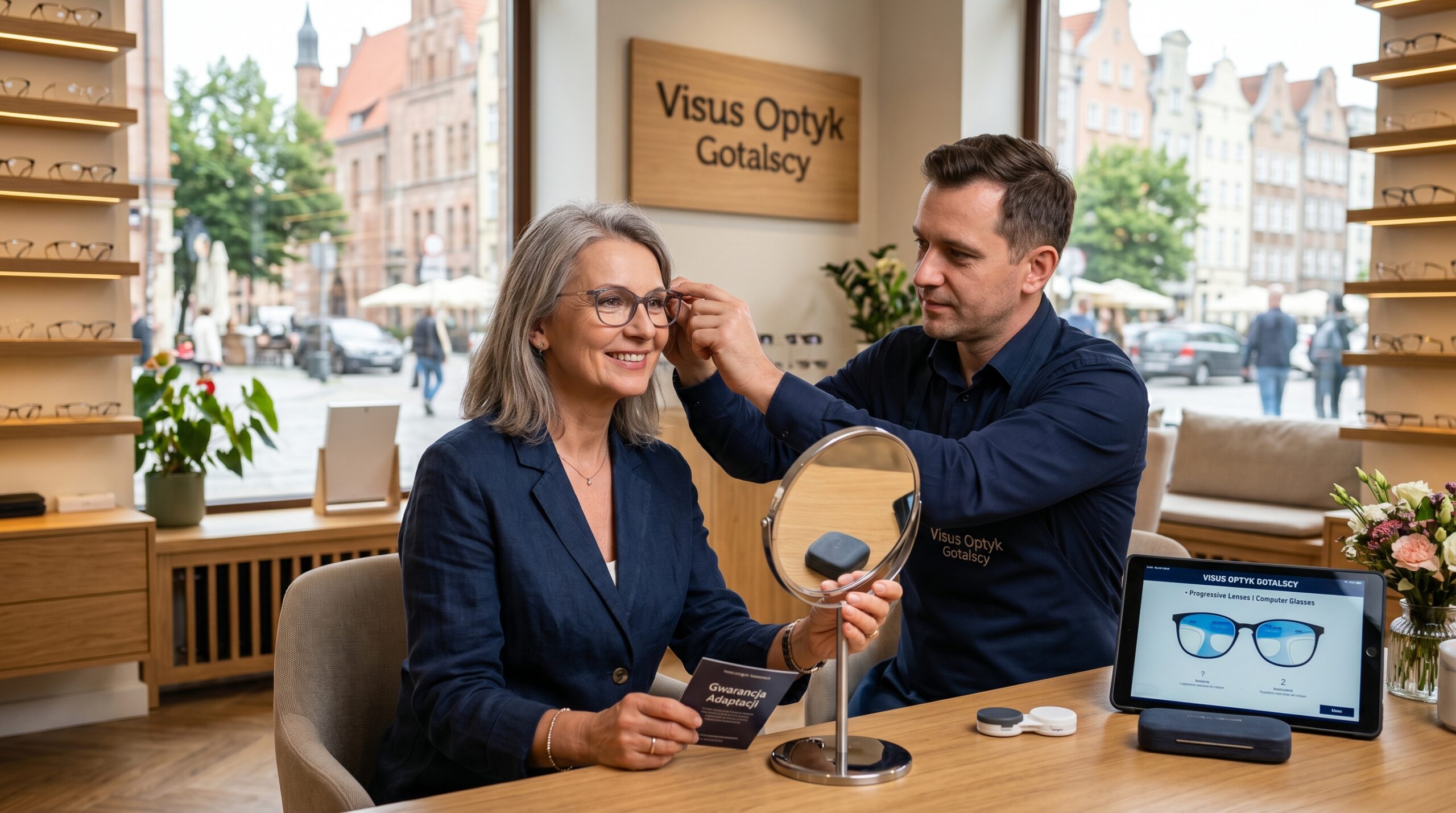 Stylista okularowy dopasowujący oprawki u uśmiechniętej klientki. Nowoczesny salon optyczny Gdańsk oferujący profesjonalny dobór szkieł progresywnych.