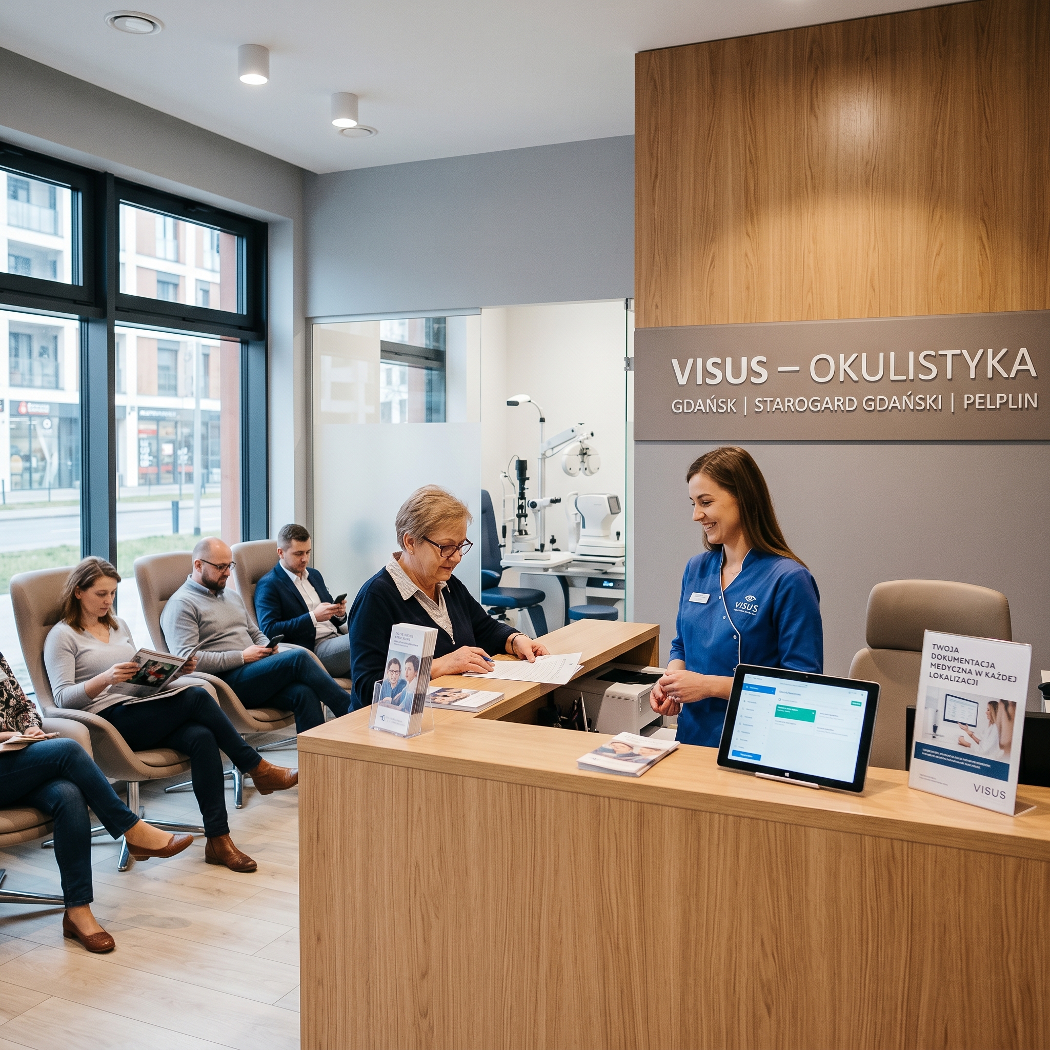 Pacjentka w rejestracji nowoczesnej placówki medycznej Visus Okulistyka. Profesjonalna poradnia okulistyczna Gdańsk z komfortową poczekalnią.