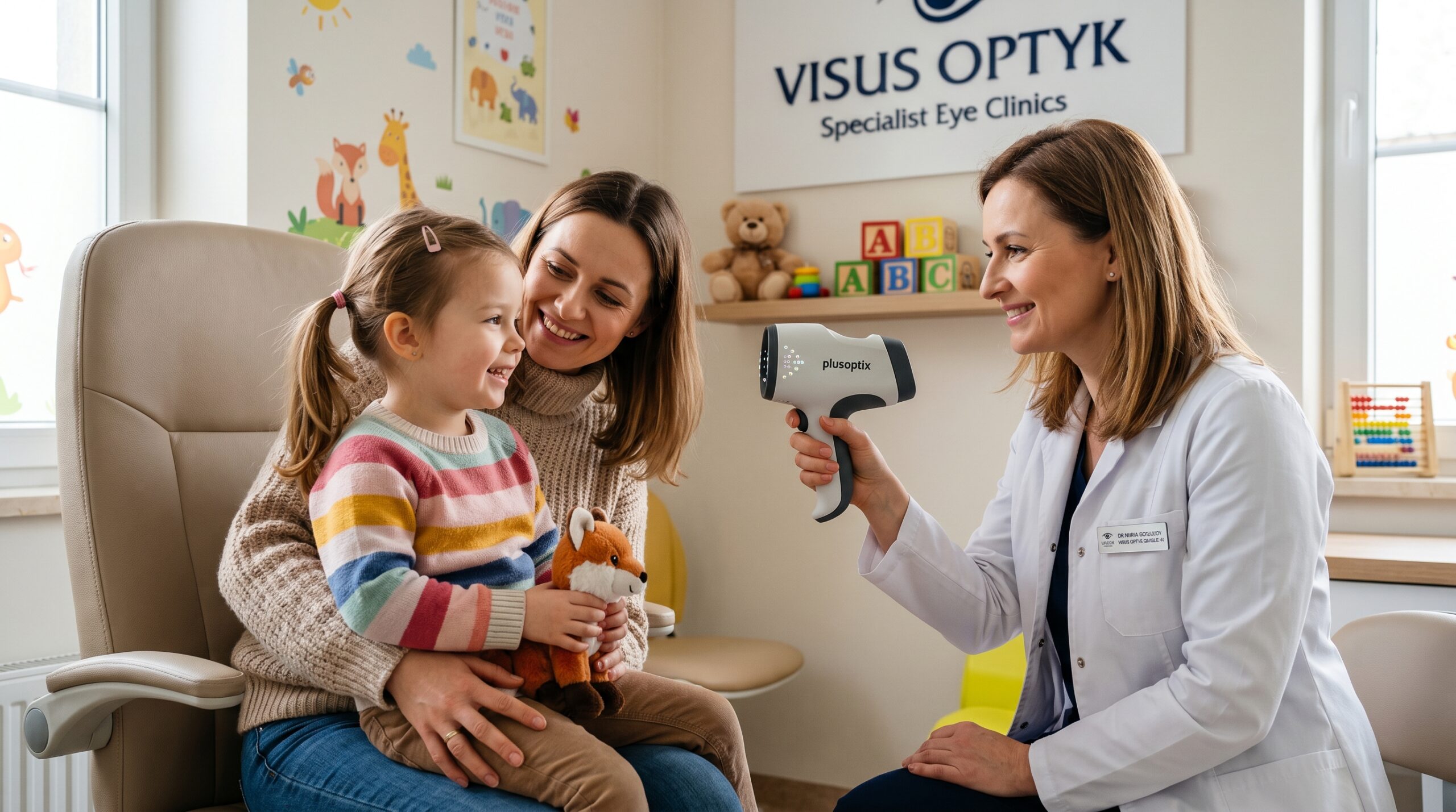 Specjalista wykonujący badanie ortoptyczne u dziecka przy użyciu synoptoforu. Profesjonalny okulista dziecięcy Gdańsk oferujący leczenie zeza i niedowidzenia.