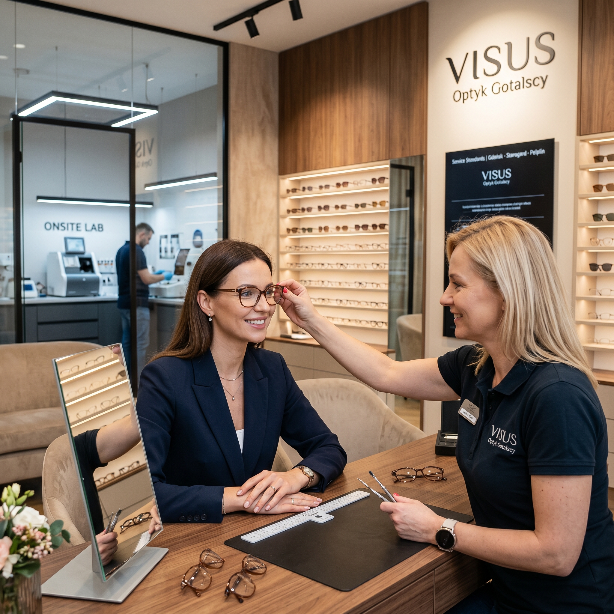 Indywidualna stylizacja opraw (Eyewear Styling) przeprowadzana przez doradcę u klientki. Ekspercki salon optyczny Gdańsk premium.
