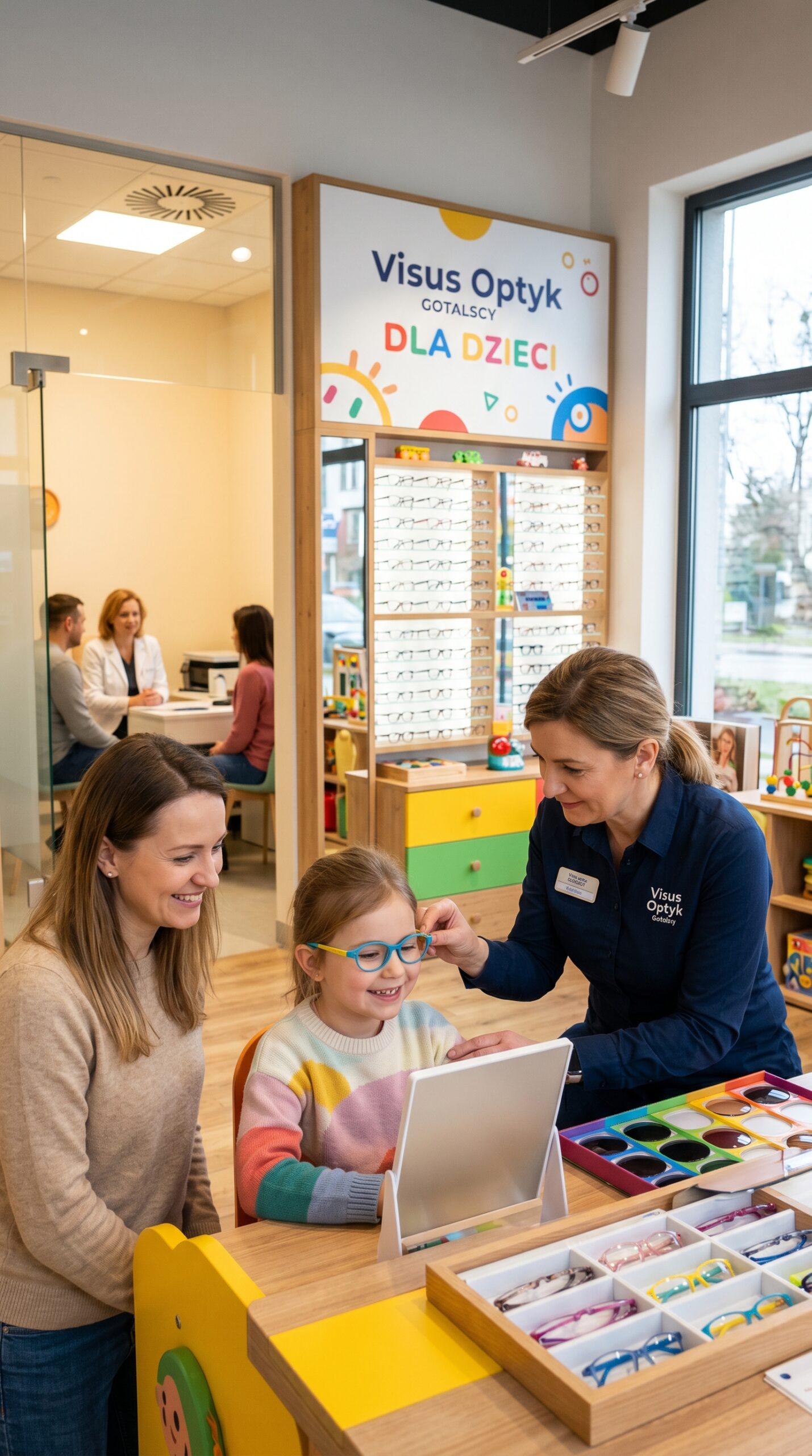 Dziewczynka w salonie optycznym uśmiecha się przymierzając kolorowe okulary przy pomocy specjalistki - przyjazny okulista dziecięcy Gdańsk NFZ.