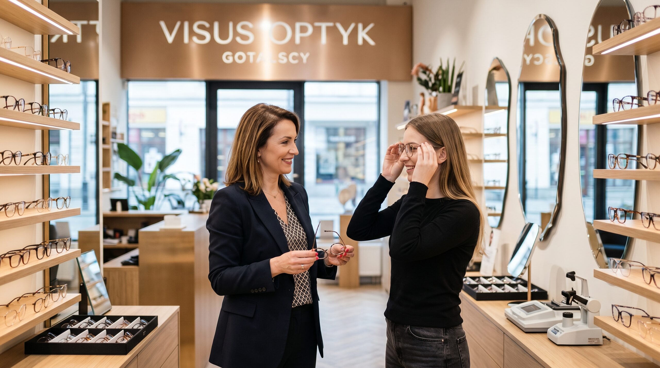 Uśmiechnięta młoda kobieta przymierzająca modne oprawki okularowe przy wsparciu profesjonalnego doradcy klienta w eleganckim, dobrze oświetlonym salonie Visus Optyk Gotalscy.