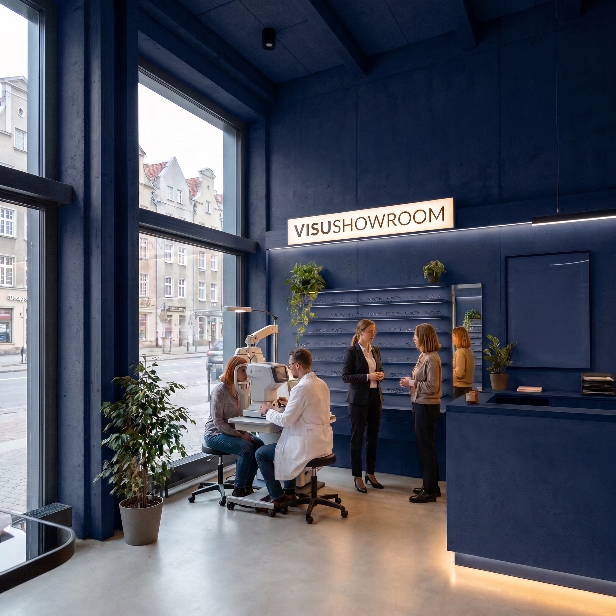 Specjalistyczne badanie wzroku pacjentki w eleganckim, granatowym wnętrzu butiku VisuShowroom oferującym markowe okulary Gdańsk.